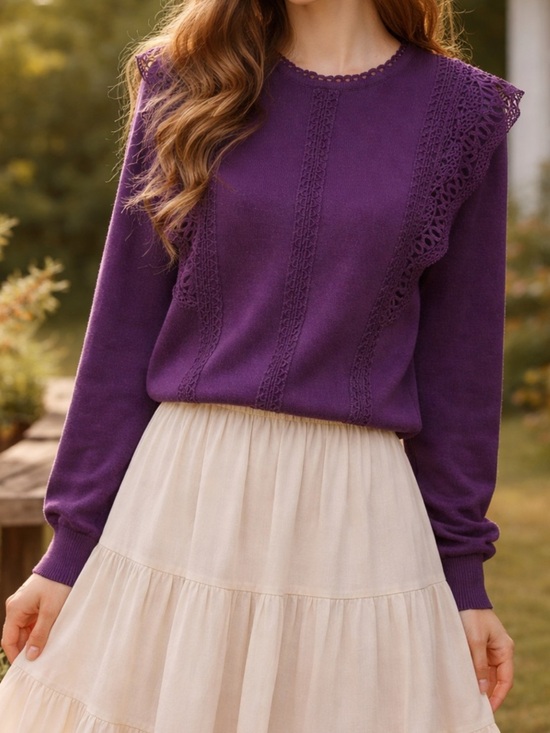 Cable & Gauge Sweaters - Cable & Gauge Purple Lace-Trim Crew Neck Sweater